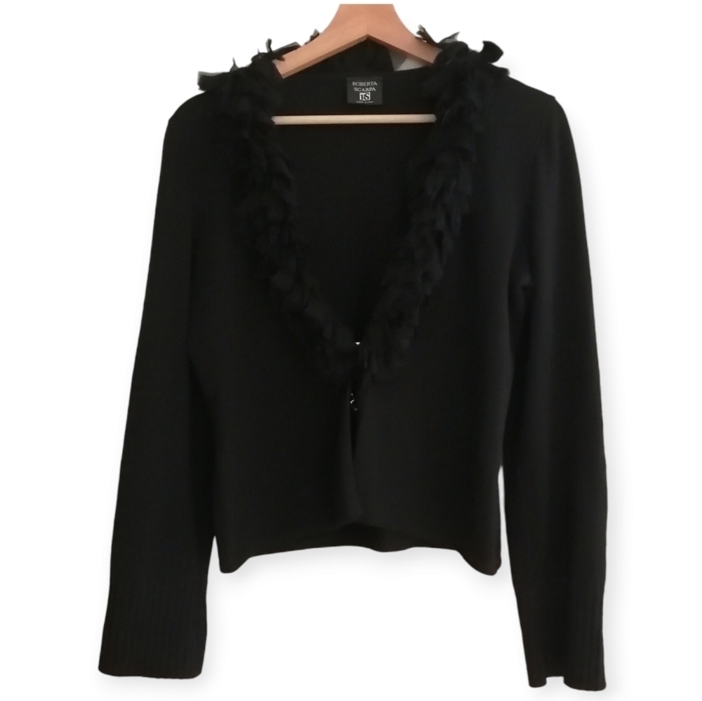 Roberta Scarpa Virgin Wool Cardigan with Silk Ruffle Trim Italian Luxury 12 (46)